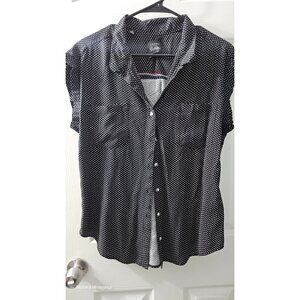 Black & White Button-Up Blouse with Heart Print Short Sleeves Rayon Material